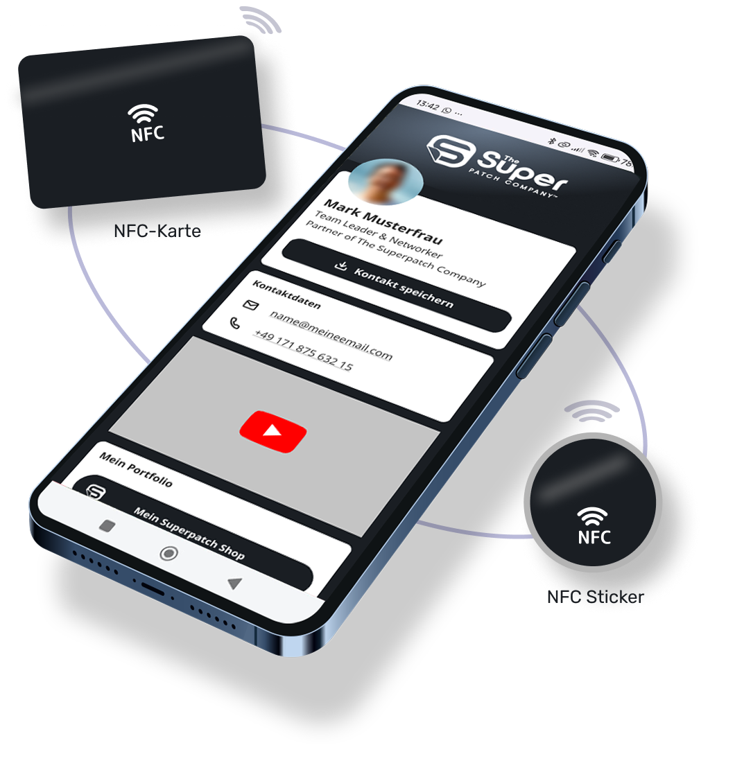 Image showing a credit card sized NFC mySmartpage business card with dimensions of 85x55 millimeters and a round NFC tag with a diameter of 30 millimeters, both surrounding a smartphone. The smartphone displays an example of a Smartpage with a dark theme.