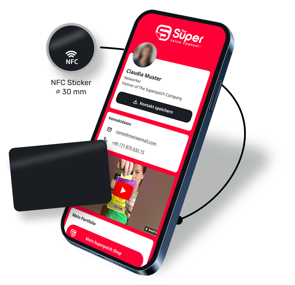 Image showing both a round NFC tag with a diameter of 30 millimeters and a credit card sized NFC mySmartpage business card next to a smartphone. The smartphone displays an example of a Smartpage with a red theme.